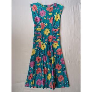 Vintage Midi Blue Pink Yellow Floral Hawaiian The Kollection LTD Dress